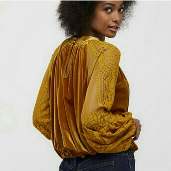 Free People mustard Velvet and Lace Top size small - Picture 2 of 11